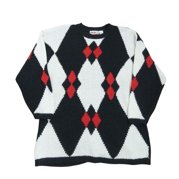 Vintage 90s black cream and red diamond print knit sweater 22W - Picture 1 of 5